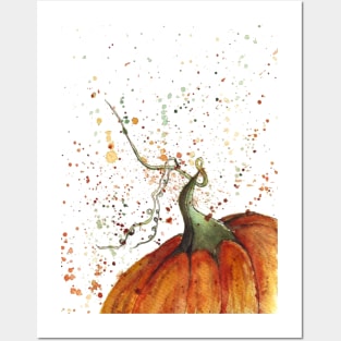 Colorful Splashed Pumpkin - Halloween Fall Watercolor Illustration Posters and Art